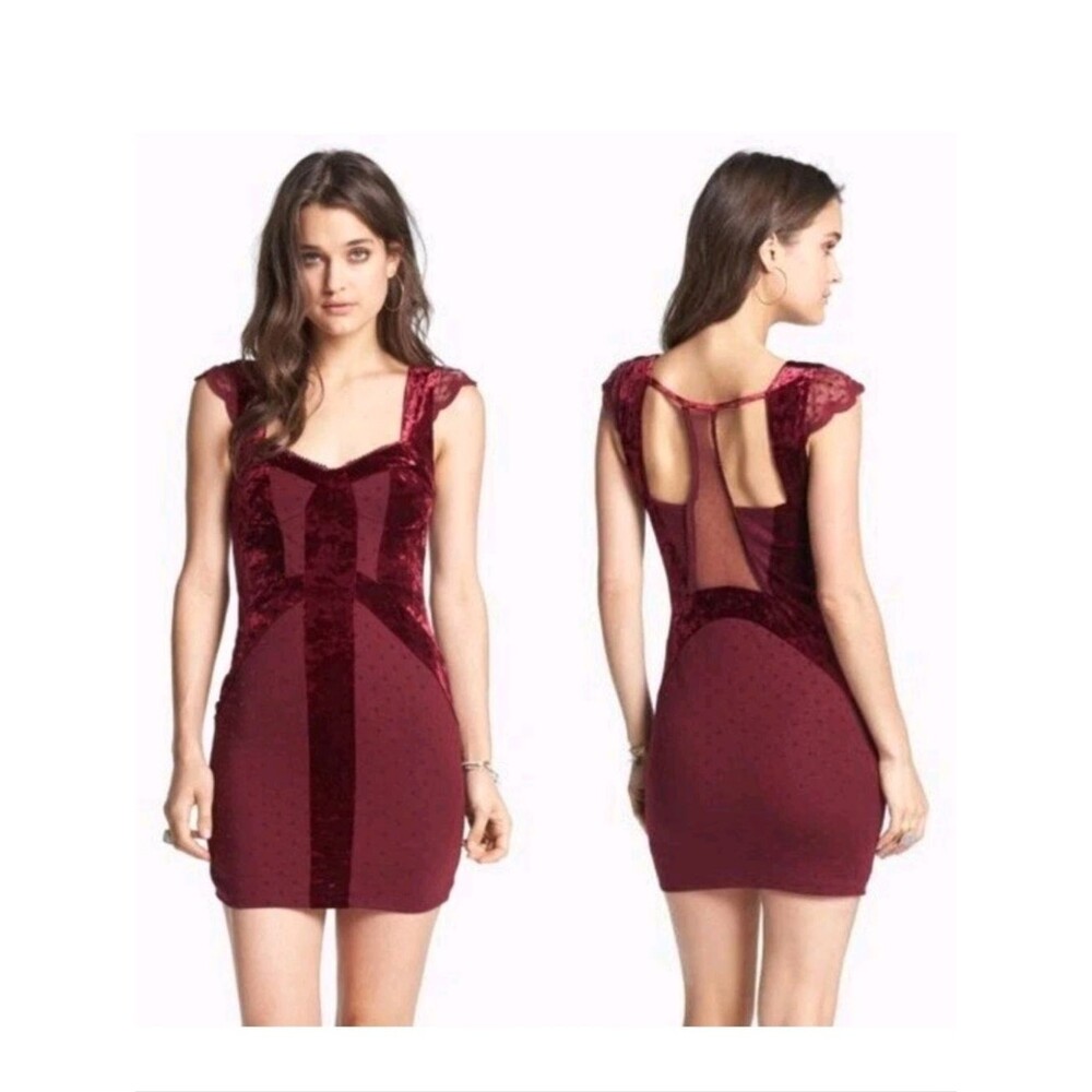 Free People Madeline Polka Dot Velvet Burnout Dress Large Bodycon Burgundy Mesh